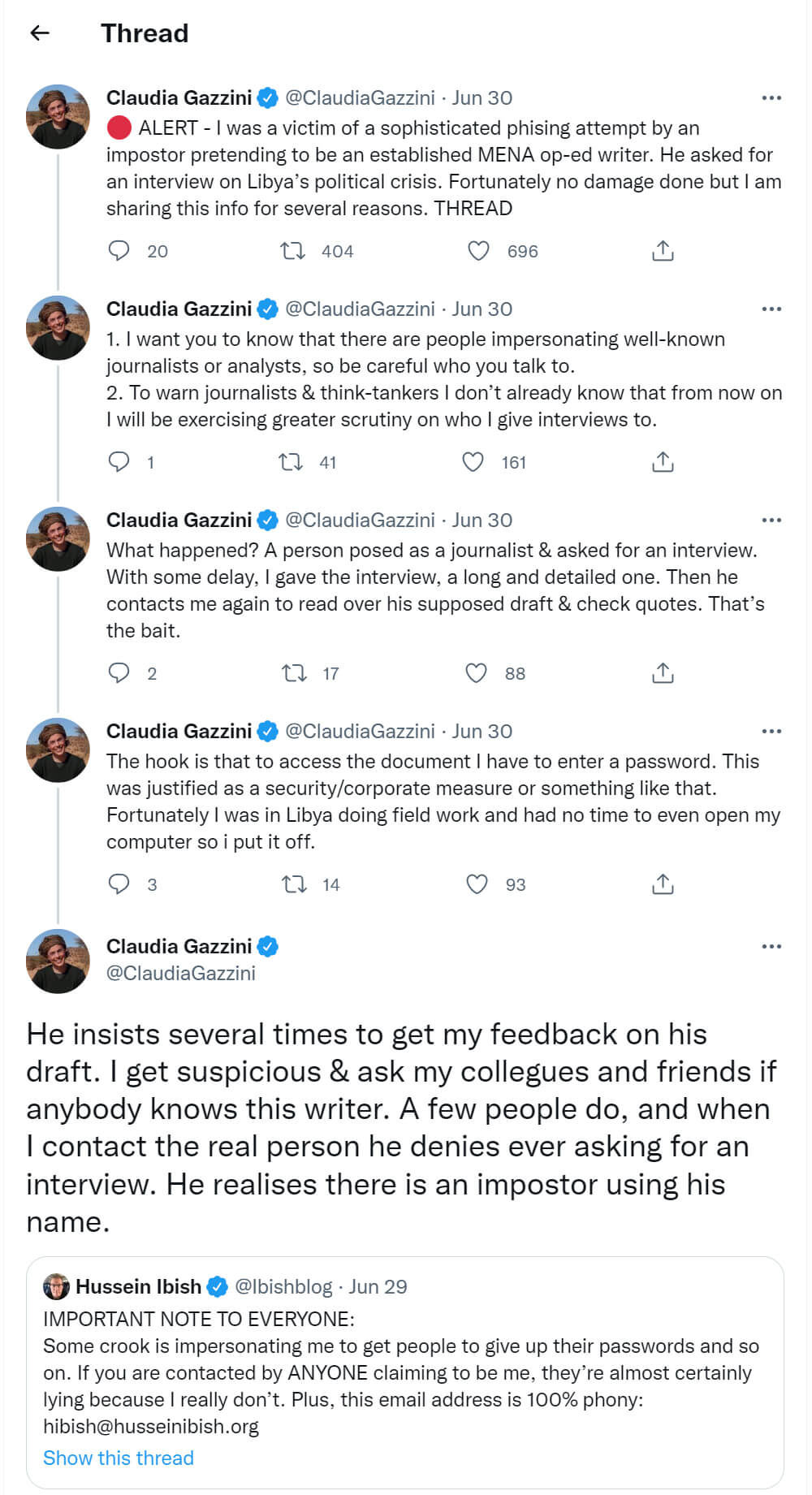 ##### Figure 8. The Twitter thread of Claudia Gazzini about the hacking operation against her